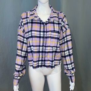 Purple Plaid Cropped Frayed Flannel from No Comment Clothing NY LA Junior's